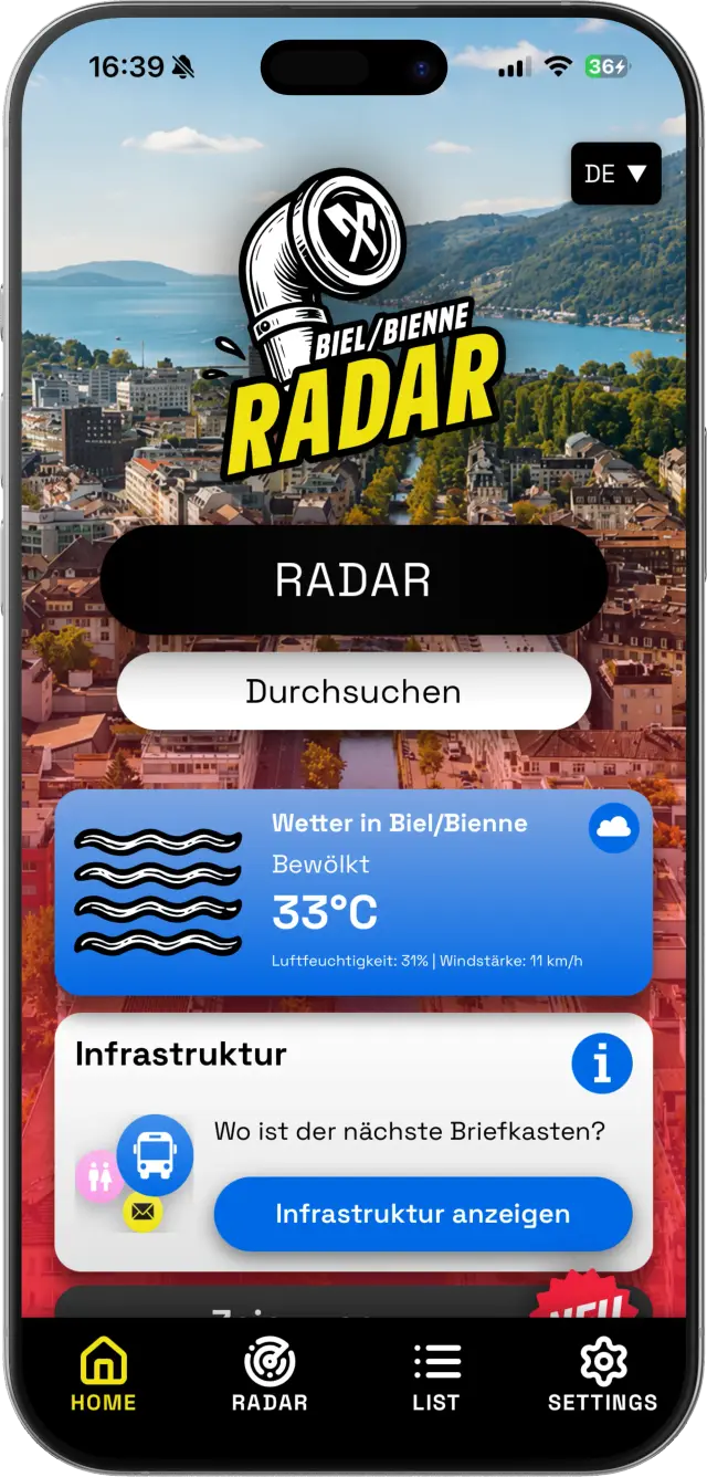 SwissRadar Stadt-Dashboard mit Wetter und Events
