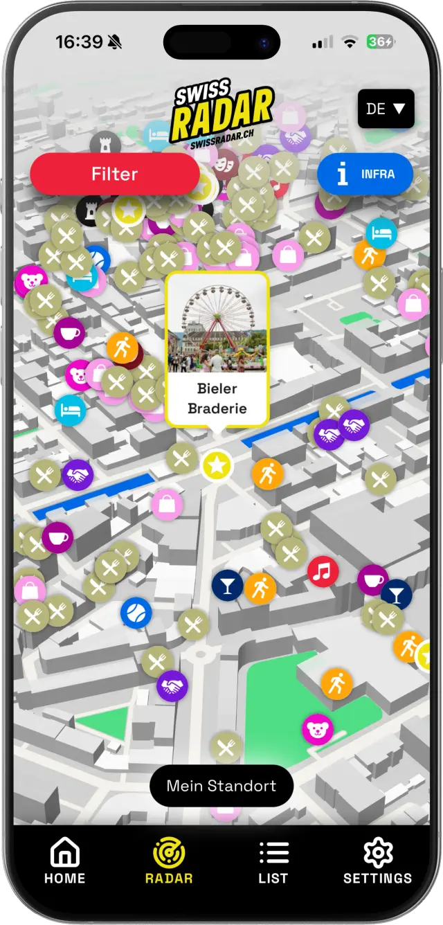 SwissRadar Karte mit Pins auf einem Smartphone