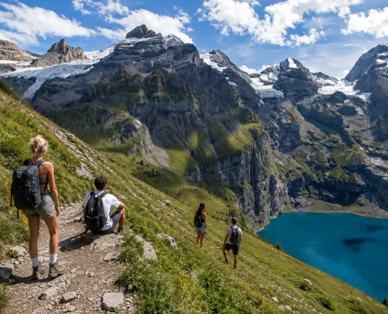 Wanderung über einem Bergsee